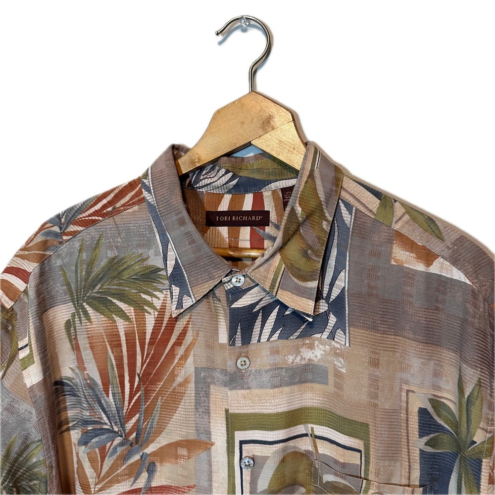 Tori Richard Mens 2XL Silk Cotton Tropical Leaf Block Print Camp Shirt Tan Multi